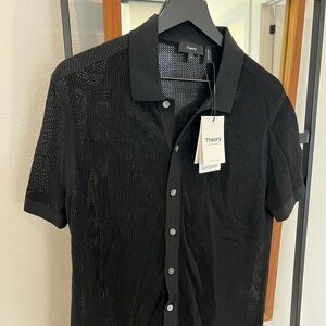 Theory Black Textured Cairn Short Sleeve Shirt in Cotton